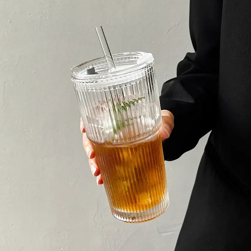 Premium Glass Tumbler with Lid & Reusable Straw