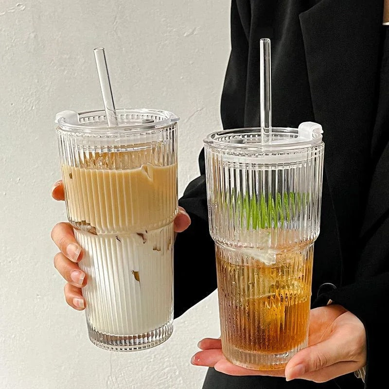 Premium Glass Tumbler with Lid & Reusable Straw