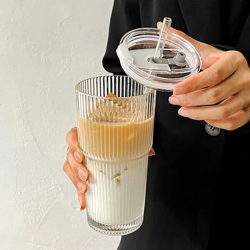 Premium Glass Tumbler with Lid & Reusable Straw